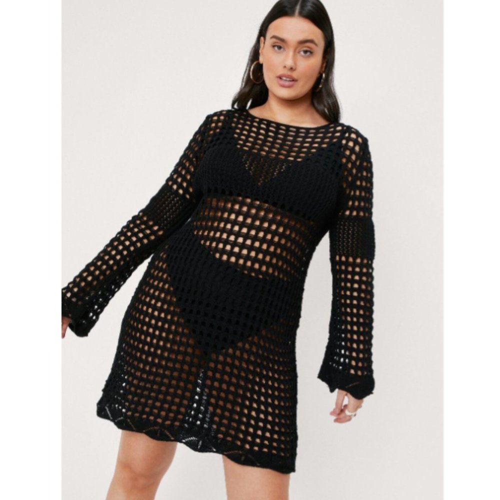 NWT Nasty Gal Crochet Long Sleeve Mini Swim Dress sz 14/16